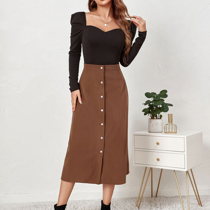 Women's Corduroy Midi Skirt High Waist A Line Skirt with Button