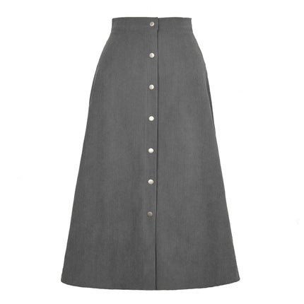 Women's Corduroy Midi Skirt High Waist A Line Skirt with Button