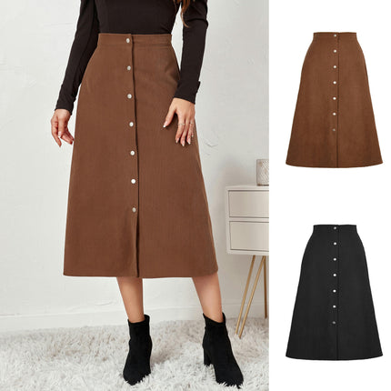 Women's Corduroy Midi Skirt High Waist A Line Skirt with Button