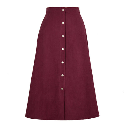 Women's Corduroy Midi Skirt High Waist A Line Skirt with Button