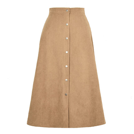 Women's Corduroy Midi Skirt High Waist A Line Skirt with Button