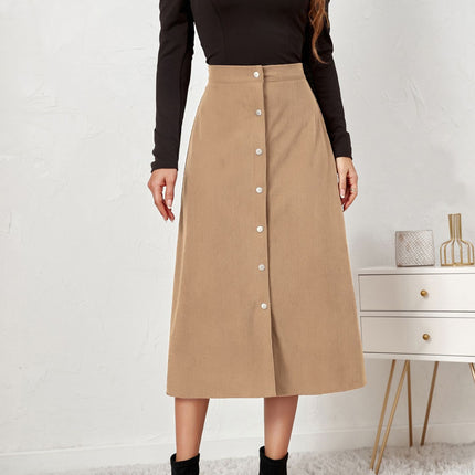 Women's Corduroy Midi Skirt High Waist A Line Skirt with Button