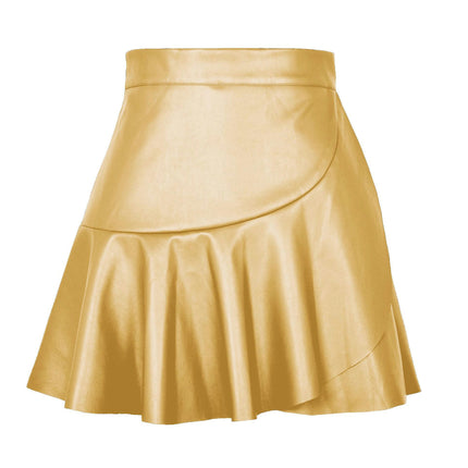 Women's Faux Leather Mini Skirt High Waisted Pleated PU Leather Skirt