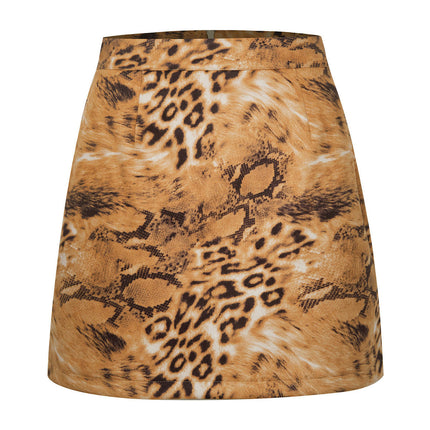 Women's Faux Suede Leopard Print High Waist Zipper Mini A-Line Short Skirt