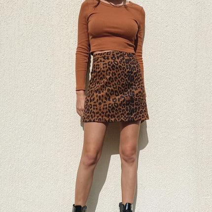 Women's Faux Suede Leopard Print High Waist Zipper Mini A-Line Short Skirt