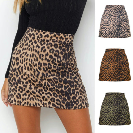 Women's Faux Suede Leopard Print High Waist Zipper Mini A-Line Short Skirt