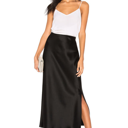 Women's Midi Skirt High Waisted Solid Satin Side Split Skirts