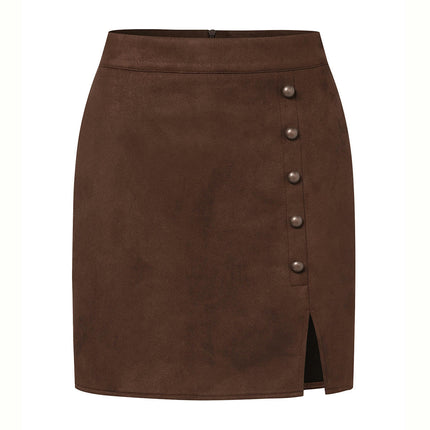 Women's Faux Suede Button High Waist Zipper Mini Short Skirt