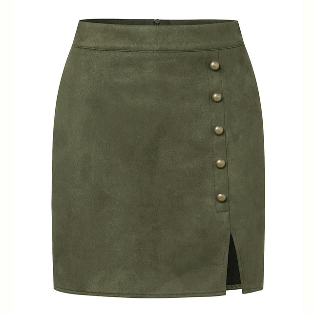 Women's Faux Suede Button High Waist Zipper Mini Short Skirt