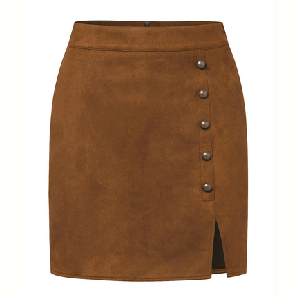 Women's Faux Suede Button High Waist Zipper Mini Short Skirt