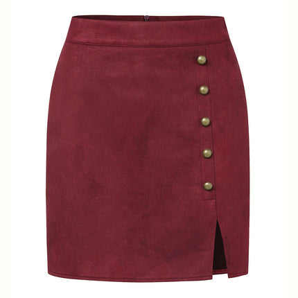 Women's Faux Suede Button High Waist Zipper Mini Short Skirt