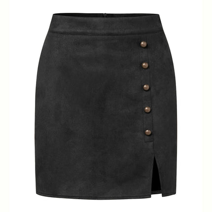 Women's Faux Suede Button High Waist Zipper Mini Short Skirt