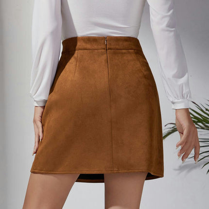 Women's Faux Suede Button High Waist Zipper Mini Short Skirt