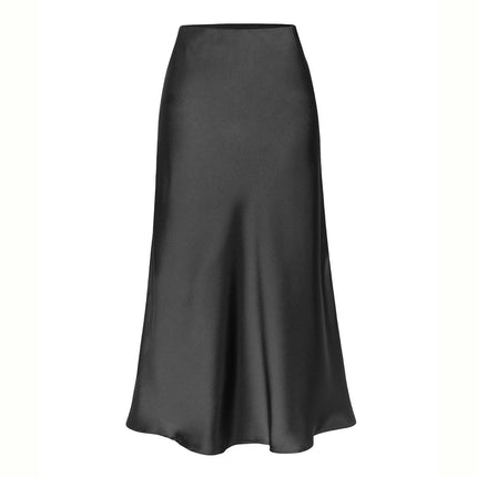 Women's Satin Midi Skirt High Waisted Solid Side Split Skirts