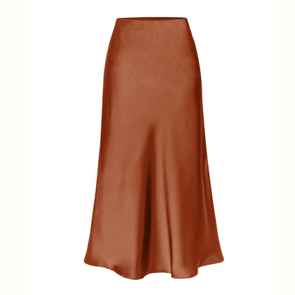 Women's Satin Midi Skirt High Waisted Solid Side Split Skirts