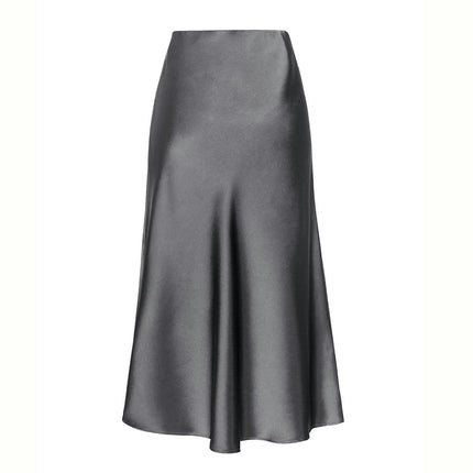 Women's Satin Midi Skirt High Waisted Solid Side Split Skirts