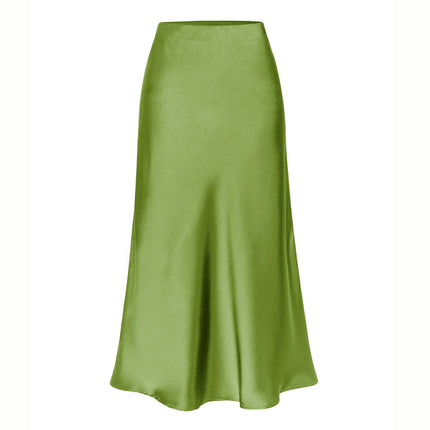 Women's Satin Midi Skirt High Waisted Solid Side Split Skirts