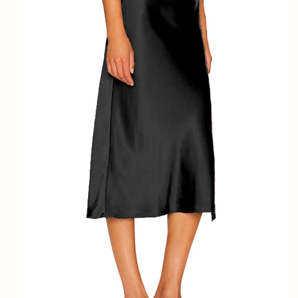 Women's Satin Midi Skirt High Waisted Solid Side Split Skirts