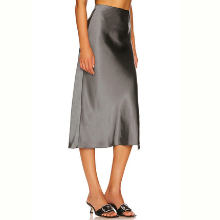 Women's Satin Midi Skirt High Waisted Solid Side Split Skirts