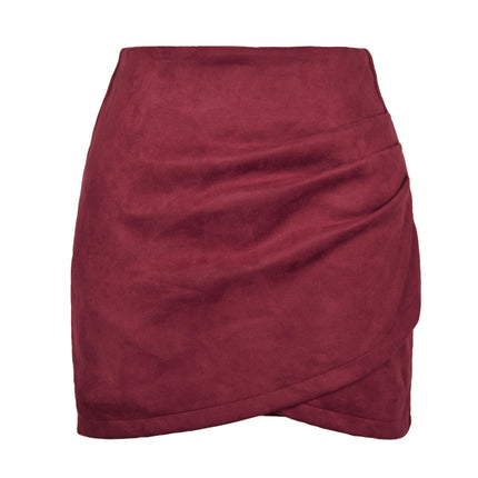 Women's Faux Suede Ruched High Waist Zipper Mini Short Skirt