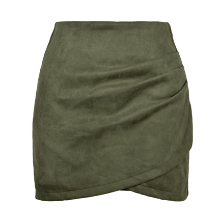 Women's Faux Suede Ruched High Waist Zipper Mini Short Skirt