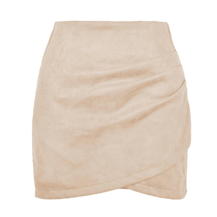 Women's Faux Suede Ruched High Waist Zipper Mini Short Skirt