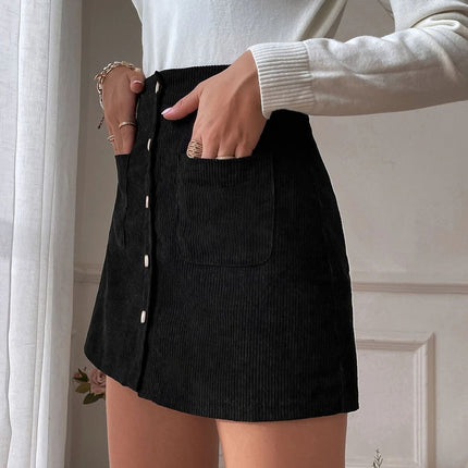 Women's Corduroy Mini Skirt High Waist Bodycon Skirt with Button