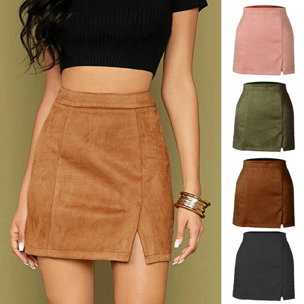 Women's Faux Suede Side Split High Waist Zipper Mini Short Skirt