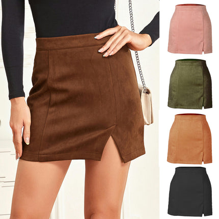 Women's Faux Suede Side Split High Waist Zipper Mini Short Skirt