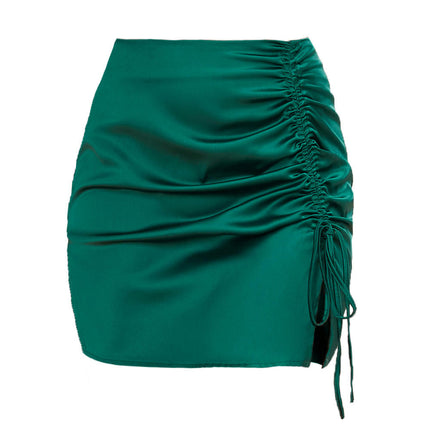 Women's Satin Skirt Split Silk Mini Skirts High Waist Skirt Drawstring Skirts