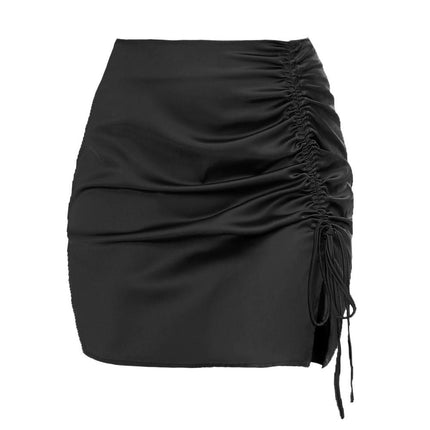 Women's Satin Skirt Split Silk Mini Skirts High Waist Skirt Drawstring Skirts