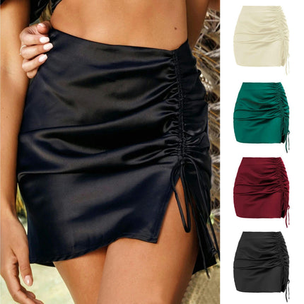 Women's Satin Skirt Split Silk Mini Skirts High Waist Skirt Drawstring Skirts