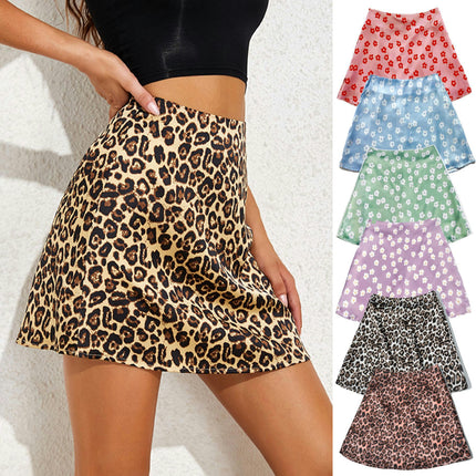 Women's Print Satin Silk High Waist Zipper A Line Mini Short Skirt