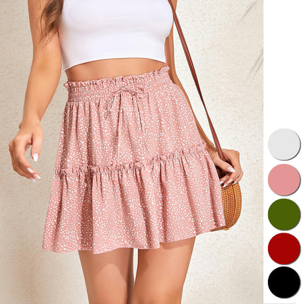 Women's Summer High Waist Ruffle Hem Boho Mini Skirt A Line Pleated Short Skirt