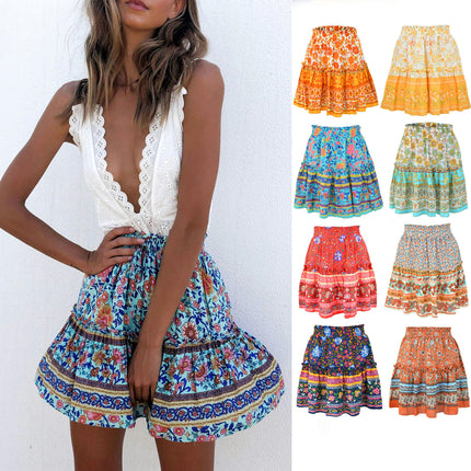 Women's Summer High Waist Boho Mini Skirt A Line Pleated Short Skirt