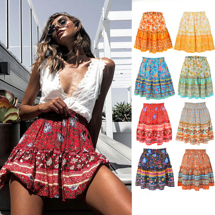 Women's Summer High Waist Boho Mini Skirt A Line Pleated Short Skirt