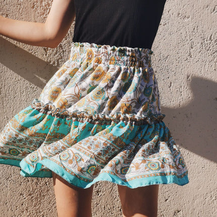 Women's Summer High Waist Boho Mini Skirt A Line Pleated Short Skirt