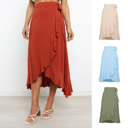 Women's Wrap High Waist Asymmetrical Ruffle Hem A-Line Midi Skirt