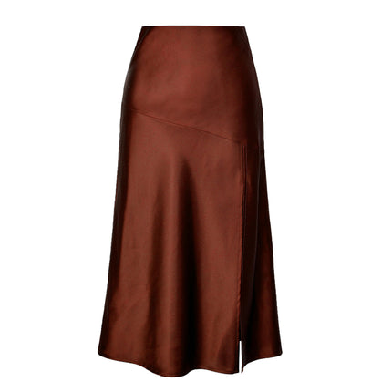 Women's Satin High Waisted Midi Skirt Solid Side Split Skirts