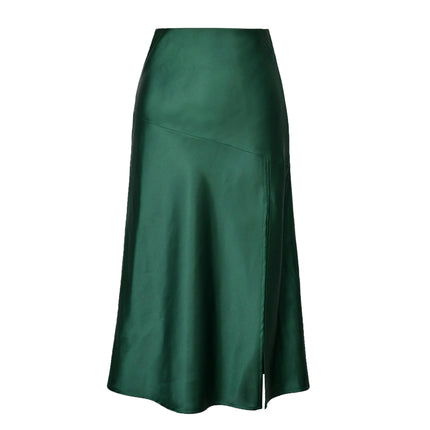 Women's Satin High Waisted Midi Skirt Solid Side Split Skirts