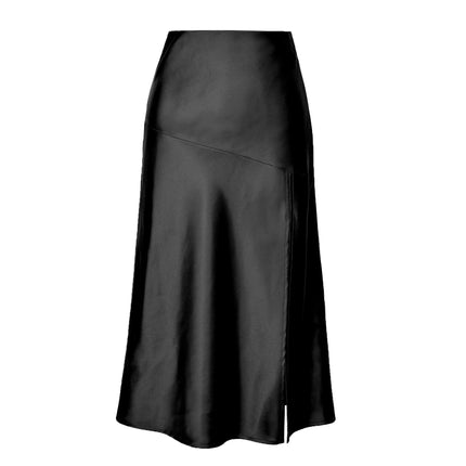 Women's Satin High Waisted Midi Skirt Solid Side Split Skirts