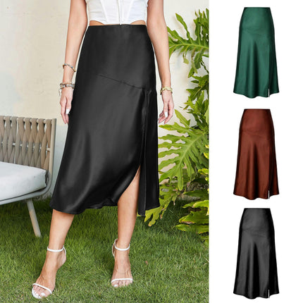 Women's Satin High Waisted Midi Skirt Solid Side Split Skirts