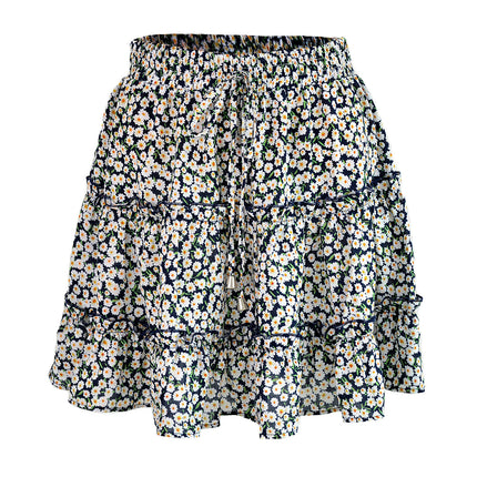 Women's Summer Cute High Waist Ruffle Skirt Print Swing Beach Mini Skirt