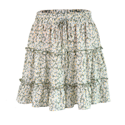 Women's Summer Cute High Waist Ruffle Skirt Print Swing Beach Mini Skirt