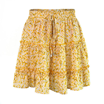 Women's Summer Cute High Waist Ruffle Skirt Print Swing Beach Mini Skirt