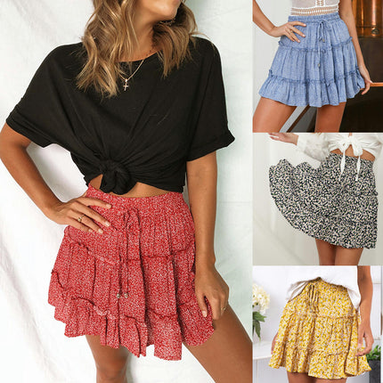 Women's Summer Cute High Waist Ruffle Skirt Print Swing Beach Mini Skirt