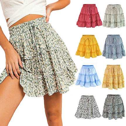 Women's Summer Cute High Waist Ruffle Skirt Print Swing Beach Mini Skirt