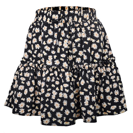 Women Mini Skirt High Waist Floral Print Pleated Layered Ruffle Short Skirts