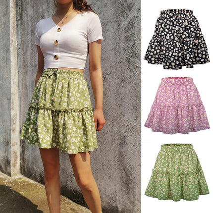 Women Mini Skirt High Waist Floral Print Pleated Layered Ruffle Short Skirts