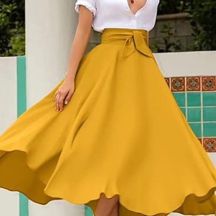 Women's Casual Asymmetrical Ruffle Hem High Waist A-Line Swing Midi Skirt